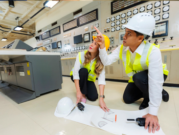 Two project managers reviewing project design